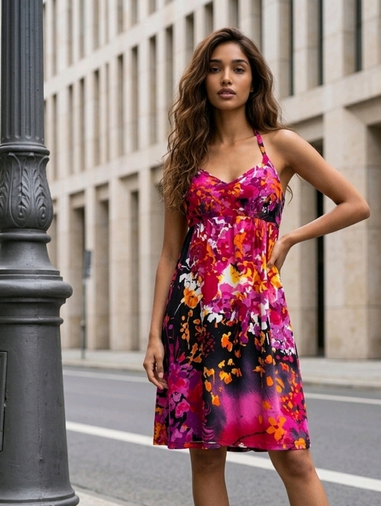 Express Dresses & Skirts - Express Halter Dress XS Colorful Floral Babydoll Mini Sundress Open Back